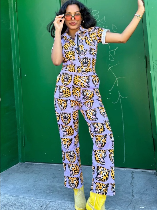 Nooworks Pants - Nooworks Lilac will Jumpsuit with Yellow cheetah head print